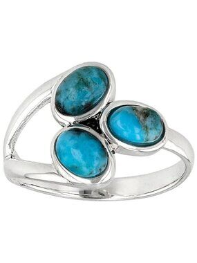 Oval Blue Turquoise Three Stone Ring Sterling Silver Size 6